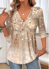 ROTITA Patchwork Heart Print Light Camel V Neck T Shirt