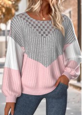 Light Pink tops,Contrast Color tops,ROTITA Tummy Coverage Light Pink Round Neck Long Sleeve Sweatshirt