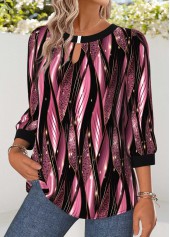 Pink tops,Geometric tops,ROTITA Tummy Coverage Geometric Print Pink Round Neck Blouse