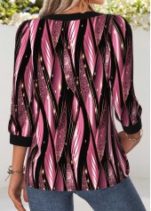 Pink tops,Geometric tops,ROTITA Tummy Coverage Geometric Print Pink Round Neck Blouse