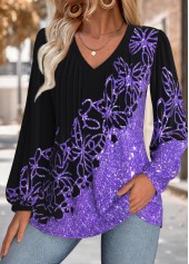 Purple tops,Animal Print tops,ROTITA Tummy Coverage Butterfly Print Purple V Neck Blouse