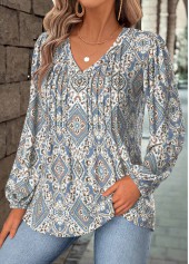 Dusty Blue tops,Tribal tops,ROTITA Tummy Coverage Tribal Print Dusty Blue V Neck Blouse