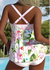 White swimwear,Floral swimwear,Plants swimwear,ROTITA Tummy Coverage White Floral Print Mid Waisted Tankini Set