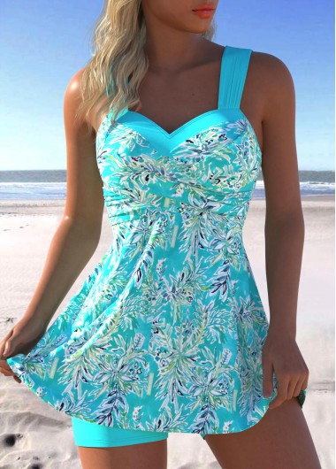 Cyan plus size,Plants plus size,ROTITA Plus Size Mid Waisted Surplice Leaf Print Tankini Set