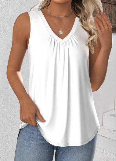 White tops,Plain Color tops,ROTITA White V Neck Sleeveless Tank Top