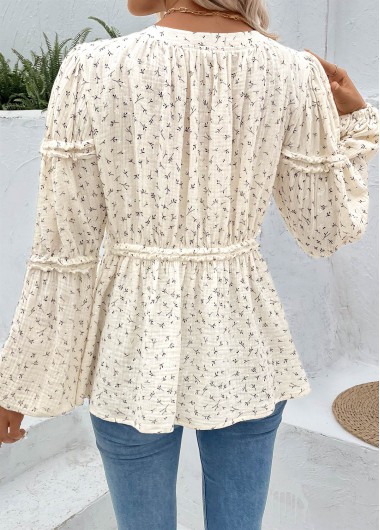 Beige tops,Ditsy Floral tops,ROTITA Peplum Ditsy Floral Print Beige Round Neck Blouse
