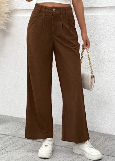 Dark Coffee bottoms,Plain Color bottoms,Dark Coffee Wide Leg Button Fly High Waisted Pants