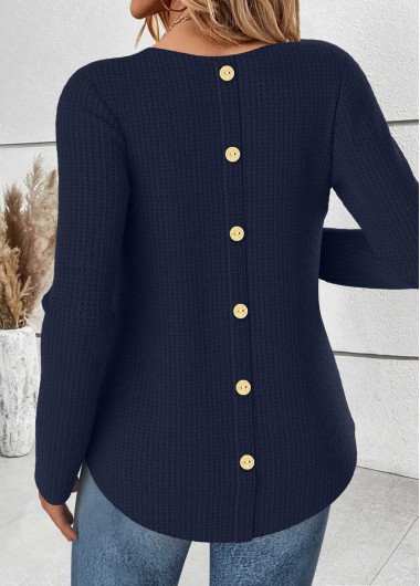 Navy tops,Plain Color tops,ROTITA Tummy Coverage Navy Round Neck Long Sleeve T Shirt