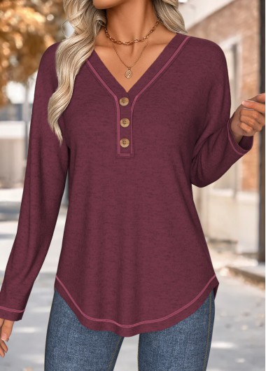 Wine Red tops,Plain Color tops,ROTITA Tummy Coverage Wine Red V Neck T Shirt