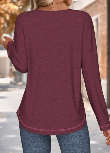 Wine Red tops,Plain Color tops,ROTITA Tummy Coverage Wine Red V Neck T Shirt