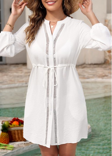 White swimwear,Plain Color swimwear,Patchwork Drawstring White Pocket Cover Up