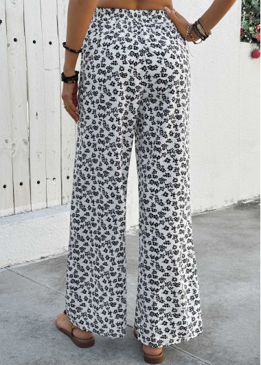 White bottoms,Ditsy Floral bottoms,Ditsy Floral Print White Wide Leg Elastic Waist Pants