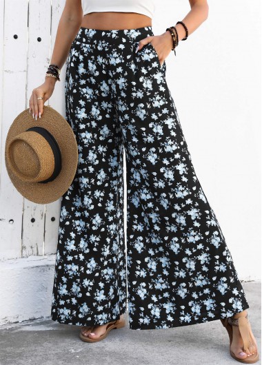 Black bottoms,Ditsy Floral bottoms,Flowy Ditsy Floral Print Black Wide Leg Pants