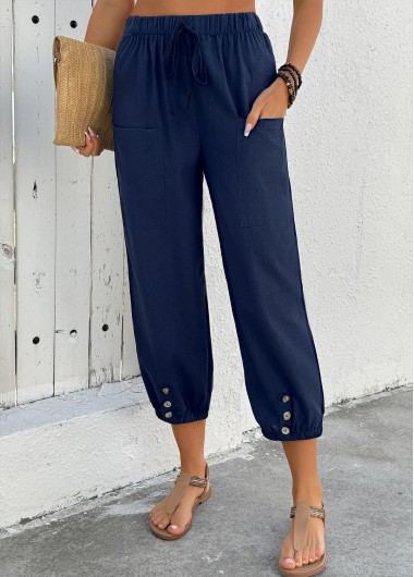Navy bottoms,Plain Color bottoms,ROTITA Navy Jogger Elastic Waist High Waisted Pants