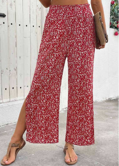 Wine Red bottoms,Ditsy Floral bottoms,Flowy Ditsy Floral Print Wine Red Wide Leg Pants