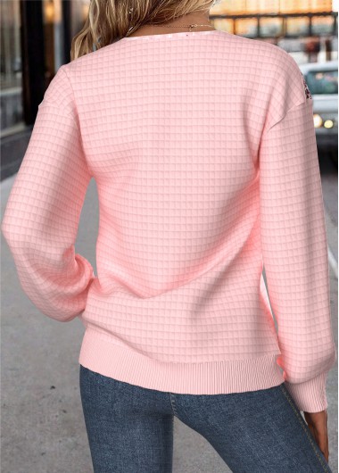 Light Pink tops,Geometric tops,ROTITA Tummy Coverage Geometric Print Light Pink Split Neck Sweatshirt