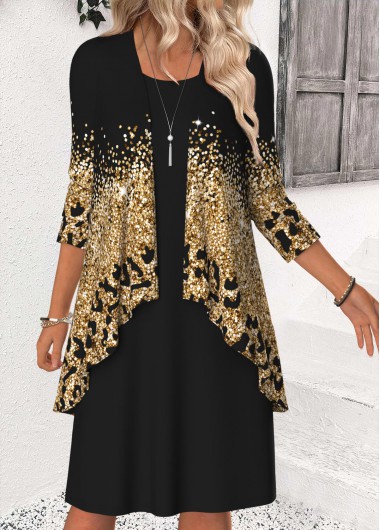 Black dresses,Ombre dresses,Casual dresses,ROTITA Tummy Coverage Ombre Black Round Neck Dress and Cardigan