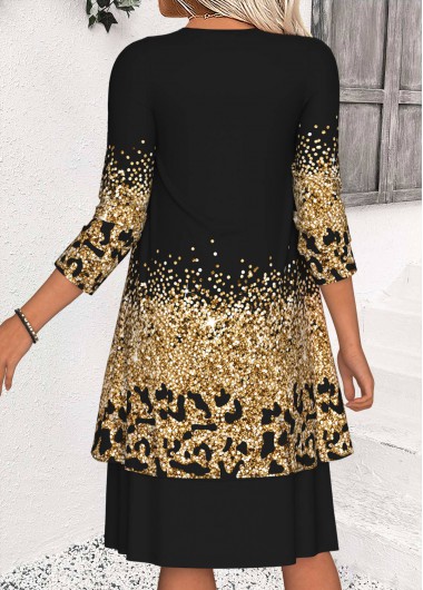 Black dresses,Ombre dresses,Casual dresses,ROTITA Tummy Coverage Ombre Black Round Neck Dress and Cardigan