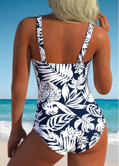 Navy swimwear,Plants swimwear,ROTITA Navy Tropical Plants Print One Piece Swimwear
