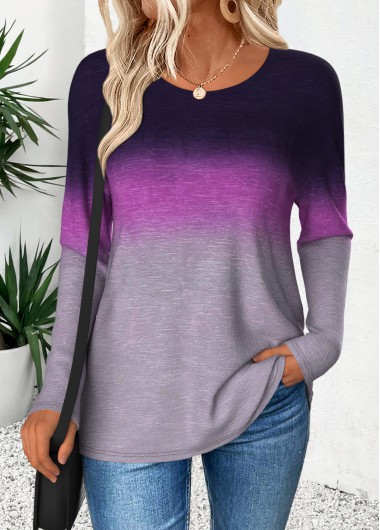 Purple tops,Ombre tops,ROTITA Curved Hem Ombre Purple Round Neck T Shirt