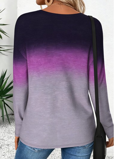 Purple tops,Ombre tops,ROTITA Curved Hem Ombre Purple Round Neck T Shirt