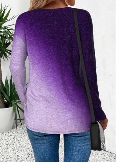 Purple tops,Ombre tops,ROTITA Curved Hem Ombre Purple Round Neck T Shirt