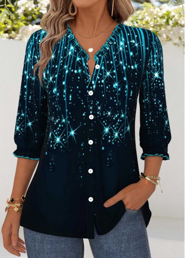 Navy tops,Cyan tops,Ombre tops,ROTITA Tummy Coverage Ombre Navy V Neck 3/4 Sleeve Blouse