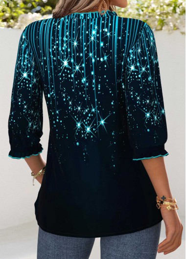 Navy tops,Cyan tops,Ombre tops,ROTITA Tummy Coverage Ombre Navy V Neck 3/4 Sleeve Blouse