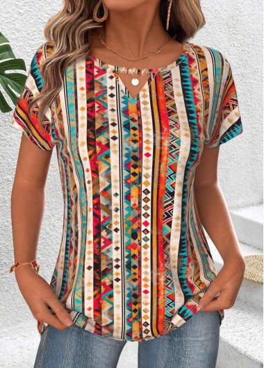 Multi Color tops,Tribal tops,ROTITA Tummy Coverage Tribal Print Multi Color T Shirt