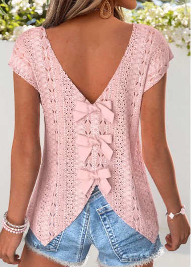 Light Pink tops,Plain Color tops,ROTITA Tummy Coverage Light Pink V Neck T Shirt