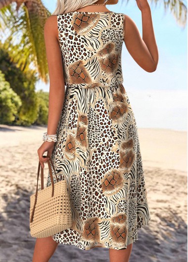 Light Coffee dresses,Leopard dresses,Animal Print dresses,Vacation dresses,Vacation dresses,ROTITA Tummy Coverage Leopard Light Coffee Round Neck Sleeveless Dress