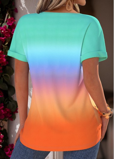Multi Color tops,Ombre tops,ROTITA Tummy Coverage Ombre Multi Color Boat Neck T Shirt