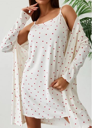 Beige loungewear,Heart loungewear,Heart Print Beige Scoop Neck Camisole and Robe