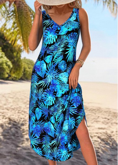 Blue dresses,Plants dresses,Vacation dresses,Vacation dresses,ROTITA Tummy Coverage Leaf Print Blue A Line Sleeveless Dress