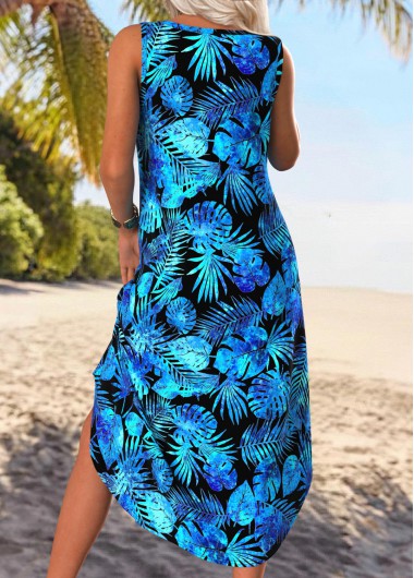Blue dresses,Plants dresses,Vacation dresses,Vacation dresses,ROTITA Tummy Coverage Leaf Print Blue A Line Sleeveless Dress