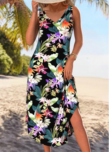 Black dresses,Multi Color dresses,Floral dresses,Plants dresses,Vacation dresses,Vacation dresses,ROTITA Tummy Coverage Floral Print Black A Line Sleeveless Dress