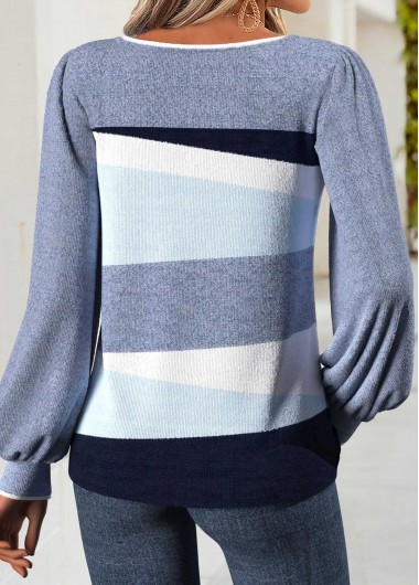 Blue tops,Geometric tops,ROTITA Tummy Coverage Geometric Print Blue Round Neck T Shirt