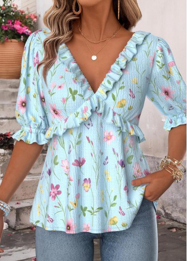 Light Blue tops,Floral tops,Plants tops,ROTITA Ruffle Floral Print Light Blue V Neck Blouse