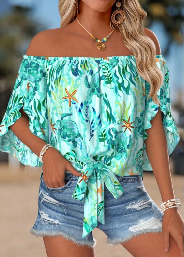 Cyan tops,Animal Print tops,ROTITA Tie Marine Life Print Cyan Off Shoulder Blouse