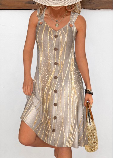 Gray Brown dresses,Dazzle Colorful dresses,Everyday dresses,Casual dresses,ROTITA Tummy Coverage Dazzle Colorful Print Gray Brown Sleeveless Dress