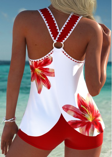 Red swimwear,Plants swimwear,ROTITA Circular Ring Red Tropical Plants Print Tankini Set