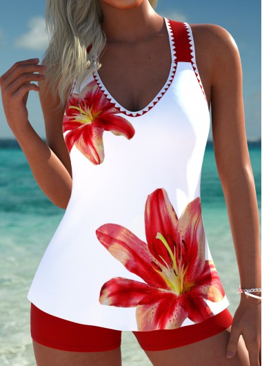 Red swimwear,Plants swimwear,ROTITA Circular Ring Red Tropical Plants Print Tankini Set