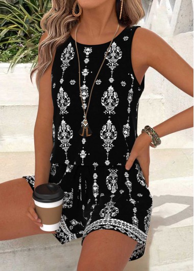 Black tops,Tribal tops,ROTITA Tummy Coverage Tribal Print Black Round Neck Tank Top