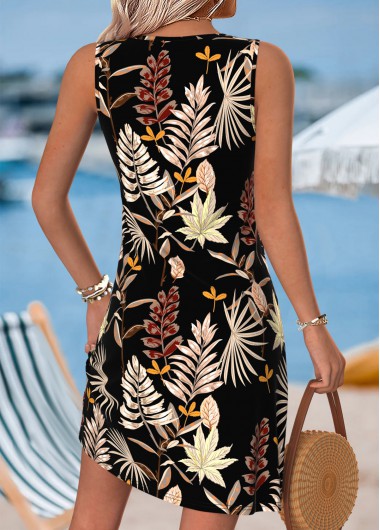 Black dresses,Plants dresses,Vacation dresses,Vacation dresses,ROTITA Plus Size Tummy Coverage Leaf Print Black Short Dress