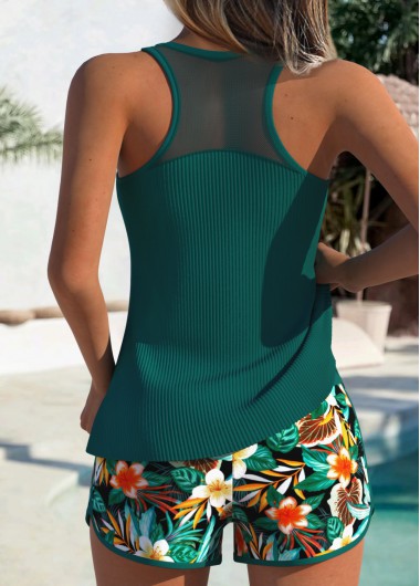 Turquoise swimwear,Floral swimwear,Plants swimwear,ROTITA Tummy Coverage Turquoise Floral Print Mid Waisted Tankini Set