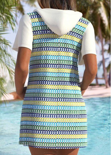 Cyan swimwear,Striped swimwear,Geometric swimwear,ROTITA Tummy Coverage Cyan Multi Stripe Print Cover Up