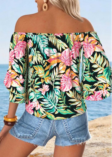 Multi Color tops,Plants tops,ROTITA Tummy Coverage Tropical Plants Print Multi Color Blouse