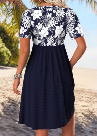 Navy dresses,Floral dresses,Plants dresses,Vacation dresses,Vacation dresses,ROTITA Tummy Coverage Floral Print Navy Short V Neck Dress