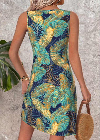 Multi Color dresses,Plants dresses,Vacation dresses,Vacation dresses,ROTITA Tummy Coverage Leaf Print Multi Color Short Sleeveless Dress