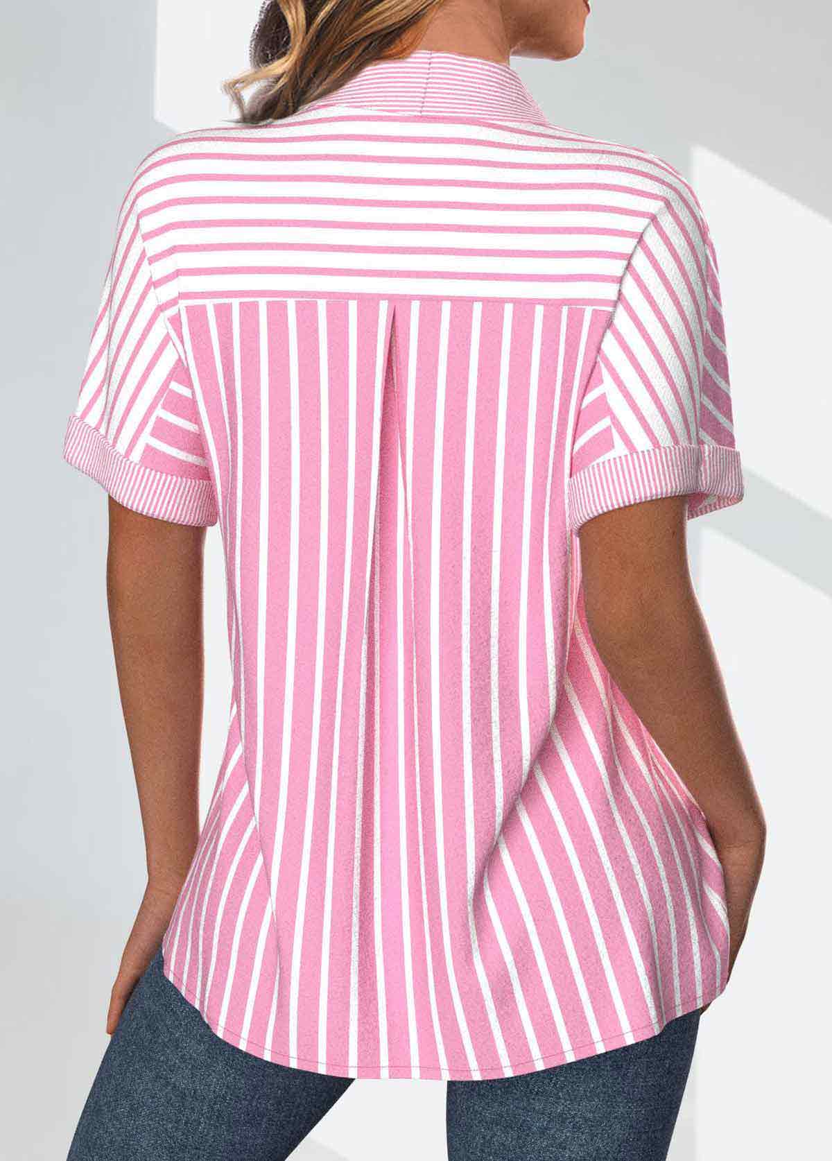 Pink tops,White tops,Striped tops,Geometric tops,ROTITA Pocket Striped Pink Short Sleeve Shirt